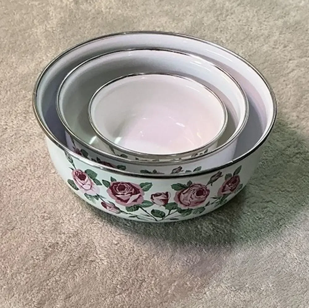 Vintage Rose Mixing Bowl 3 pc Cottagecore Floral Round Porcelain/Metal Bowl Set